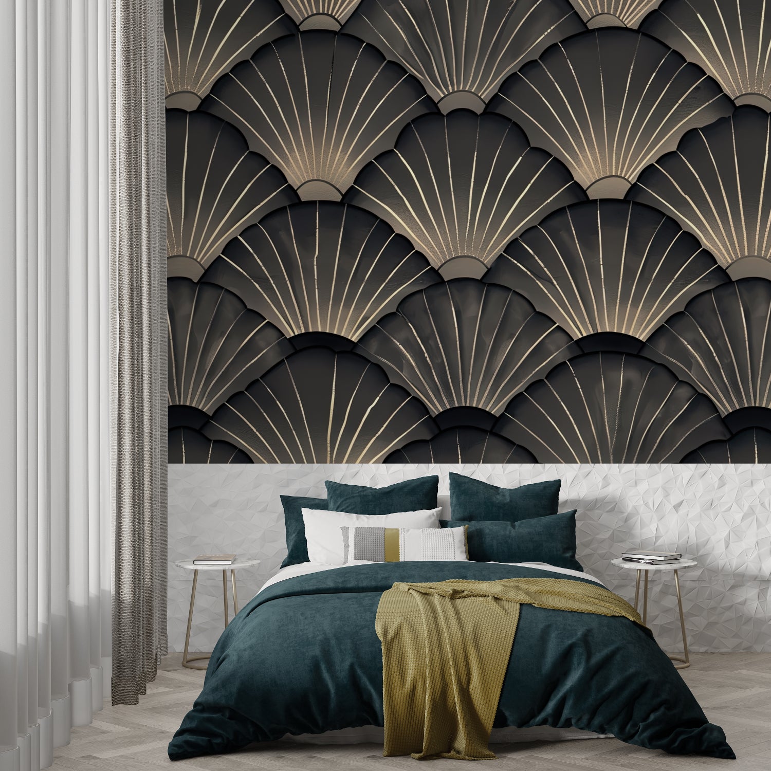 Art deco fan wallpaper creating drama in hotel lobby entrance
