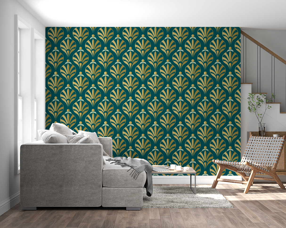 Teal and gold art deco wallpaper in master bedroom creating elegant atmosphere