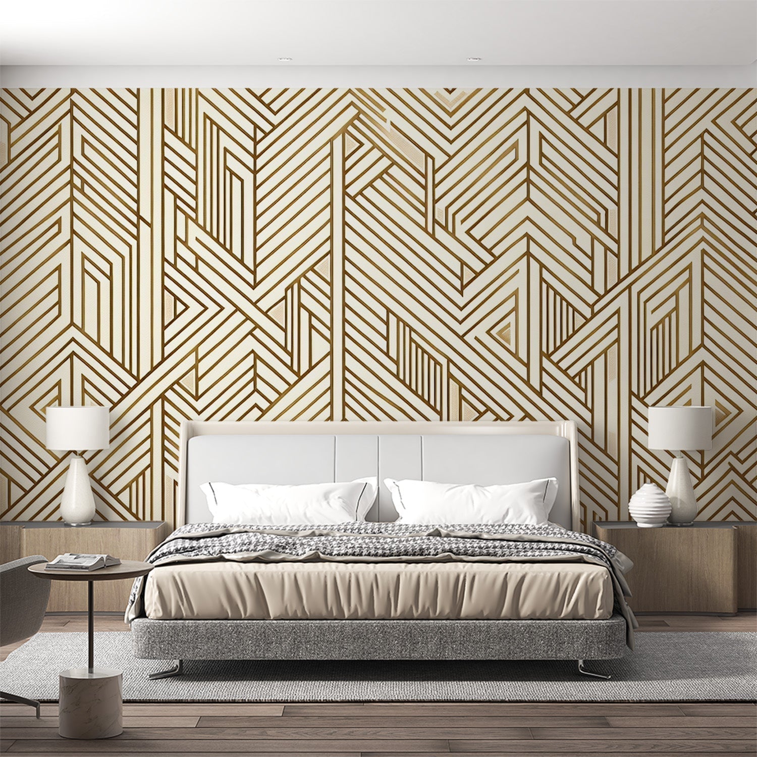 Gold geometric Art Deco wallpaper creating drama in a modern living room with high ceilings and minimal furniture