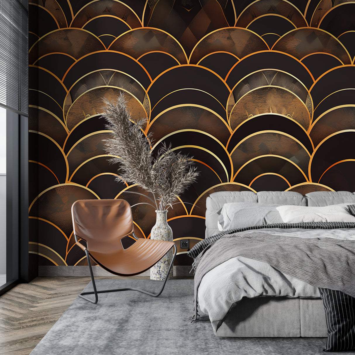Art Deco geometric wallpaper in gold creating a stunning backdrop in a modern living room with ambient lighting