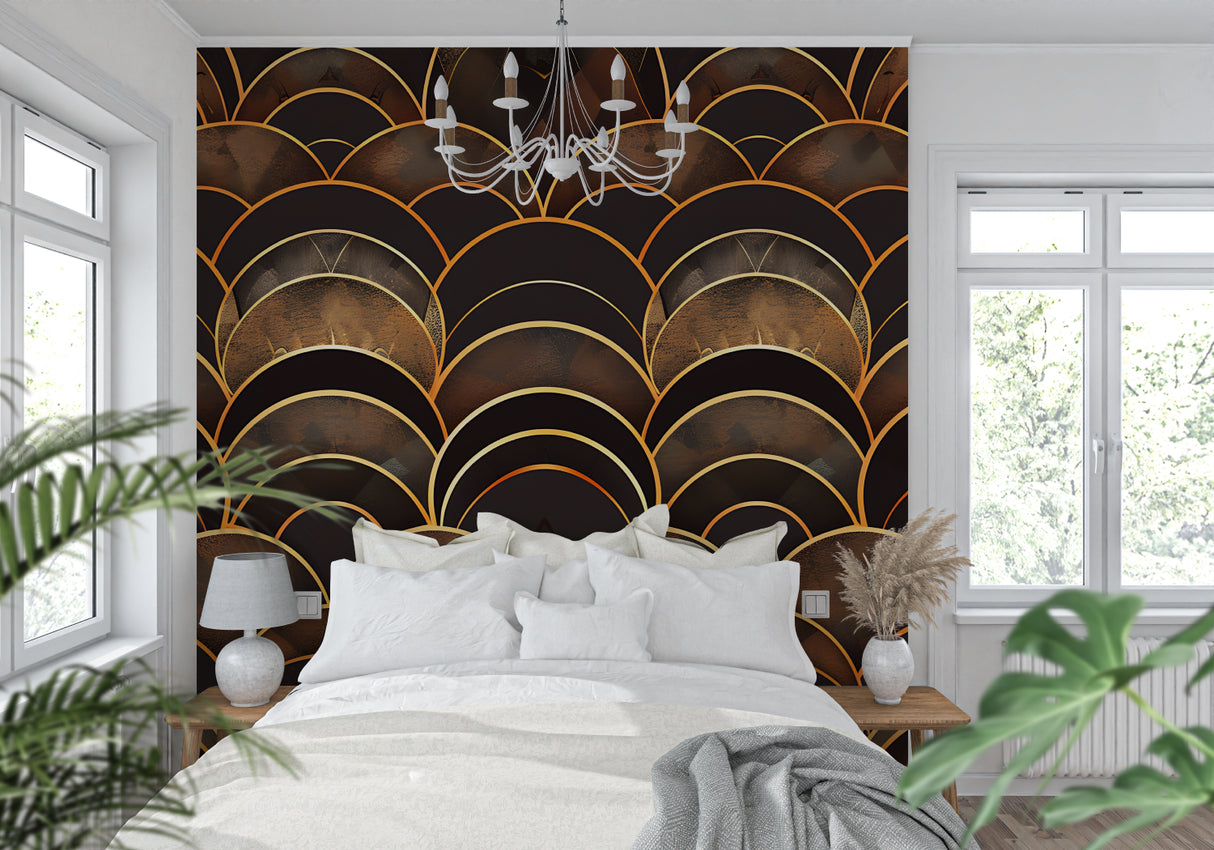 Gold scallop pattern wallpaper adding luxury to a master bedroom with soft lighting