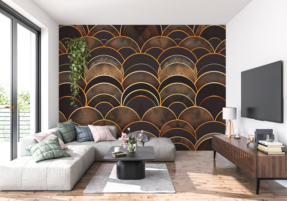 Art Deco wall mural showcasing golden geometric pattern in an elegant dining room