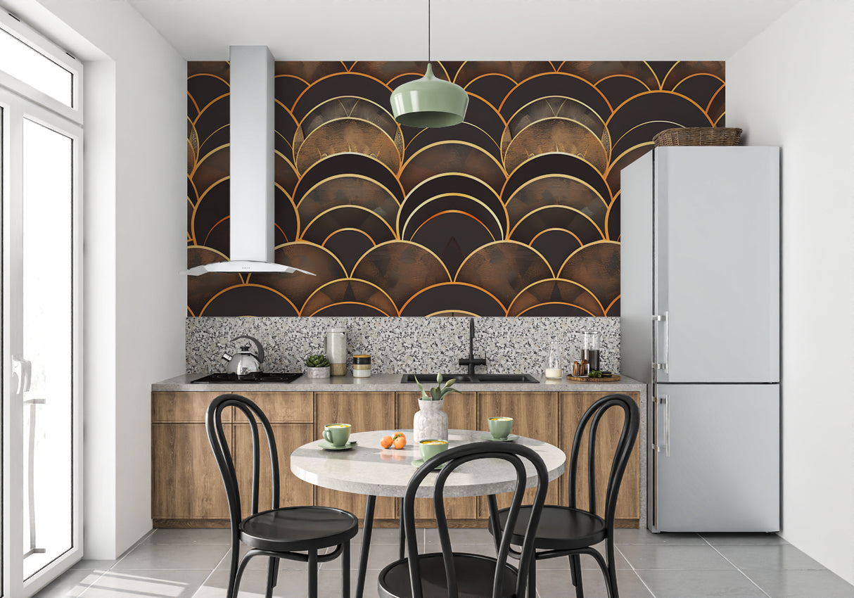 Geometric gold wallpaper making a statement in a boutique hotel lobby