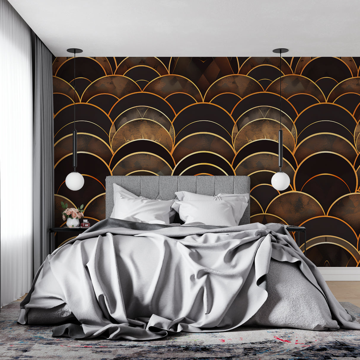 Art Deco pattern wallpaper creating depth in a luxury home office space