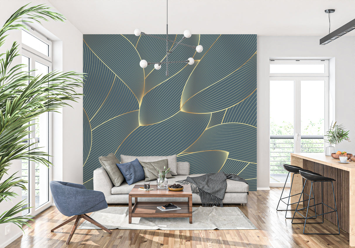 Art deco wallpaper in modern living room, gold linear pattern on blue creates luxury atmosphere