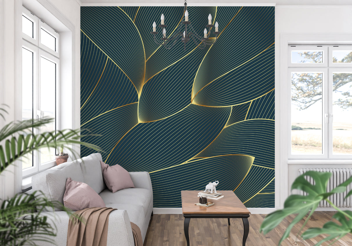 Blue and gold art deco wallpaper in dining room showing geometric pattern detail