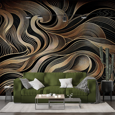 Art deco gold wave wallpaper mural creating dramatic effect in modern dining room with black furniture and pendant lights