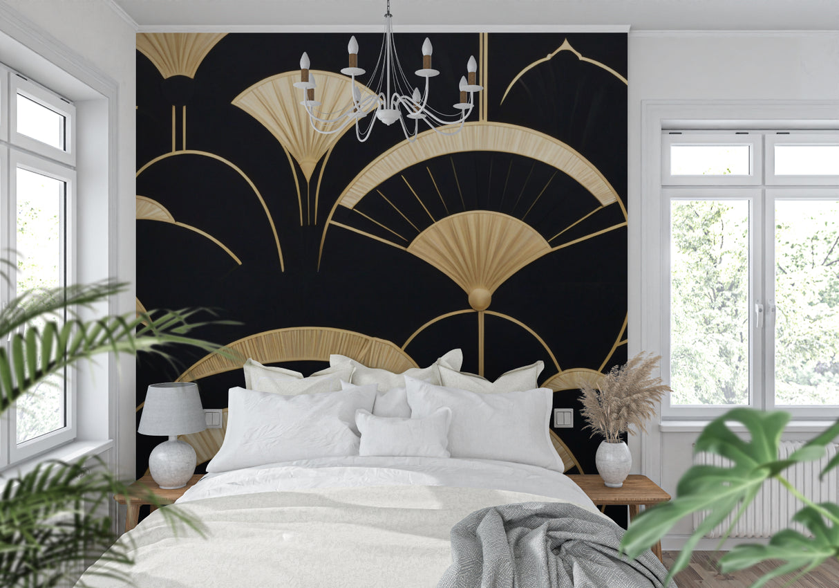 Art deco fan wallpaper in modern living room, black and gold geometric pattern creating luxurious atmosphere