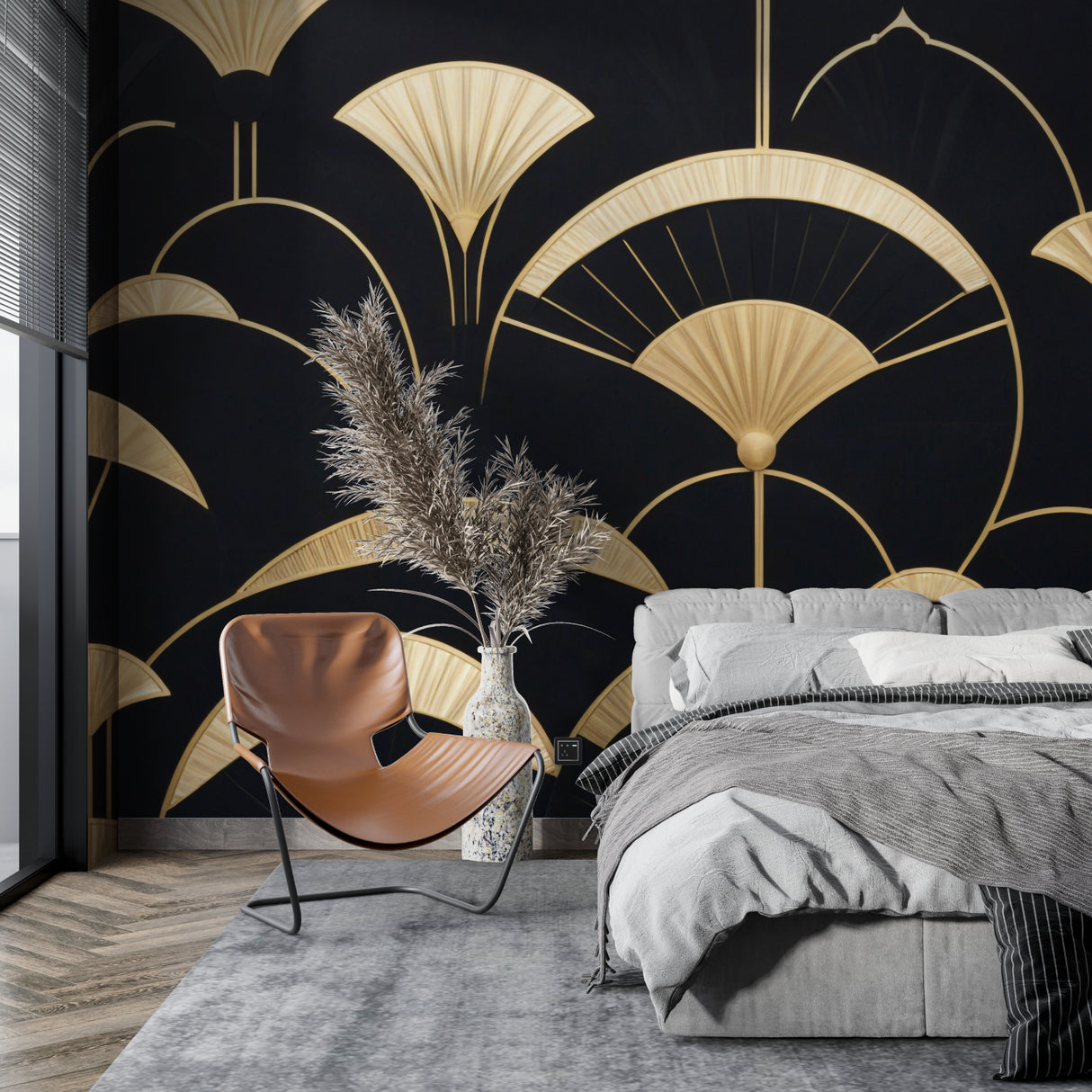 Black and gold art deco wallpaper in master bedroom, showing dramatic fan pattern