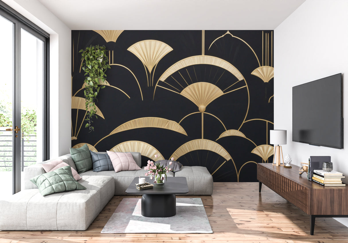 Geometric art deco wall mural in dining room with golden fan motifs
