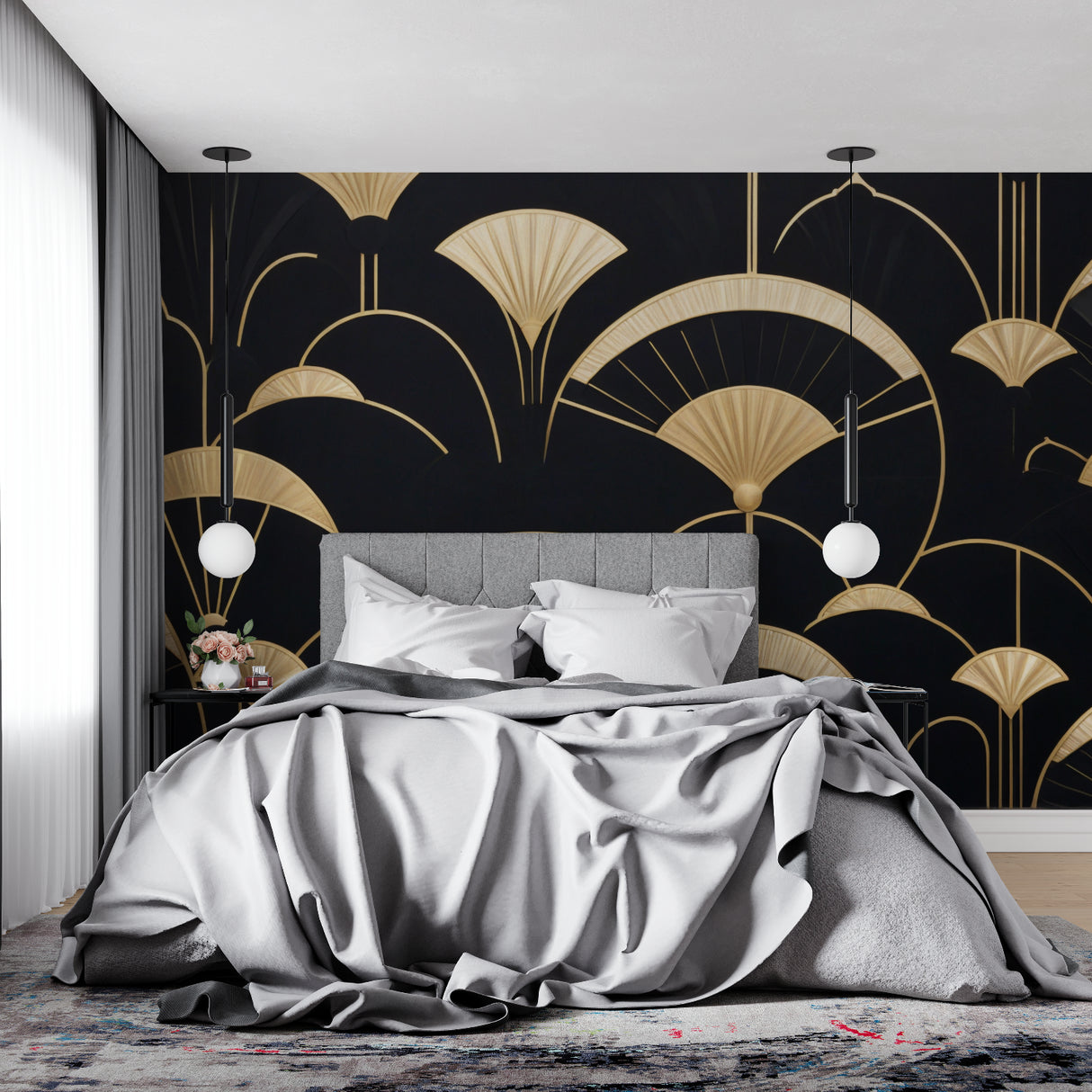 Art deco feature wall in home office showing black and gold fan pattern