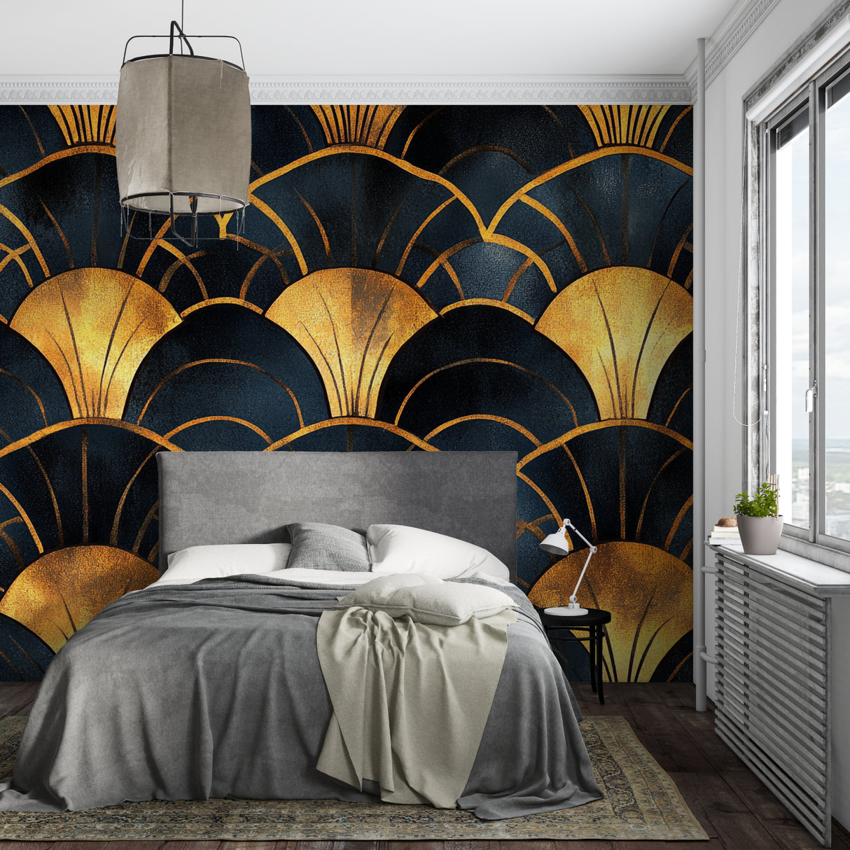 Art deco fan wallpaper in modern living room with gold accents and navy blue walls creating luxurious atmosphere