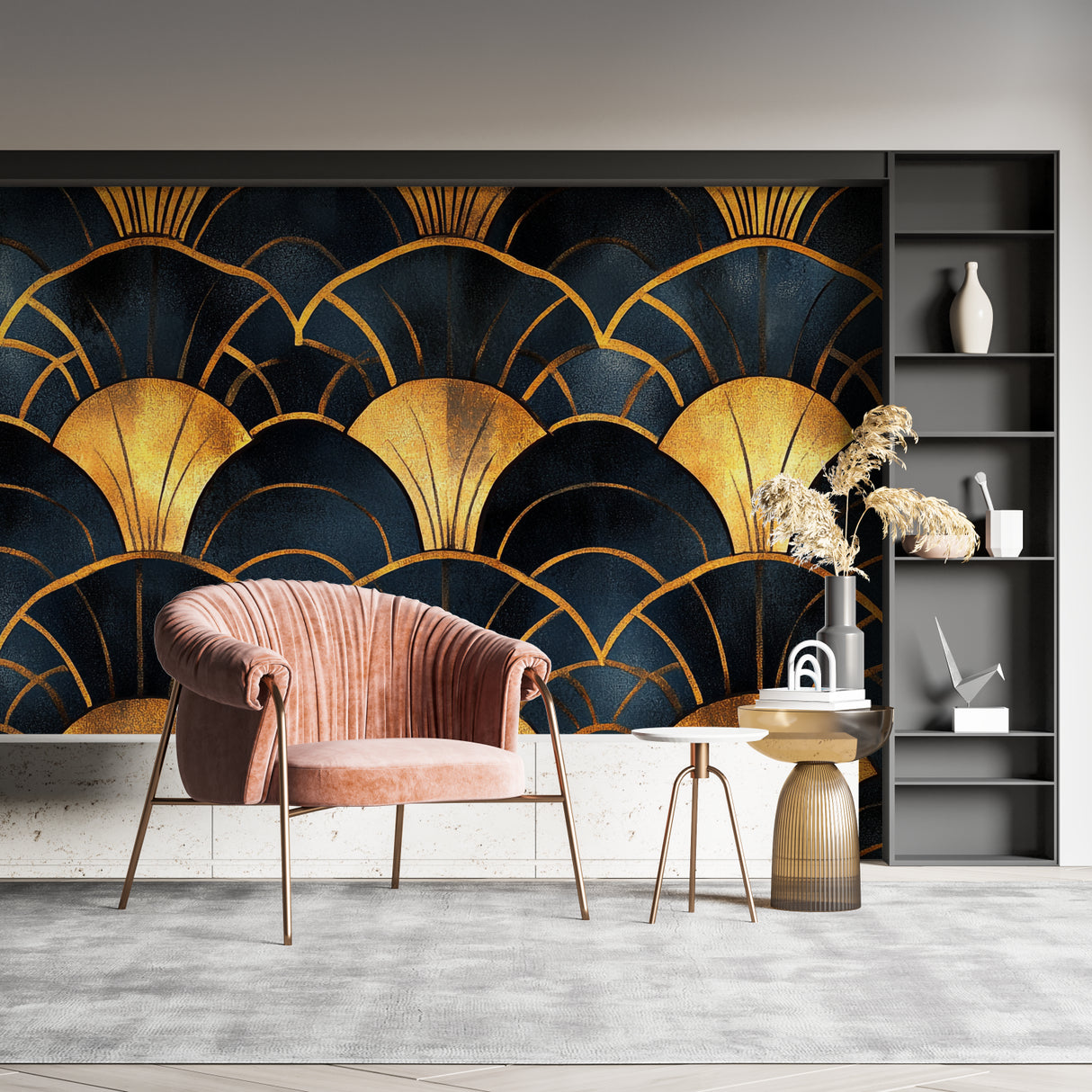 Elegant dining room featuring art deco gold fan pattern wallpaper with mood lighting