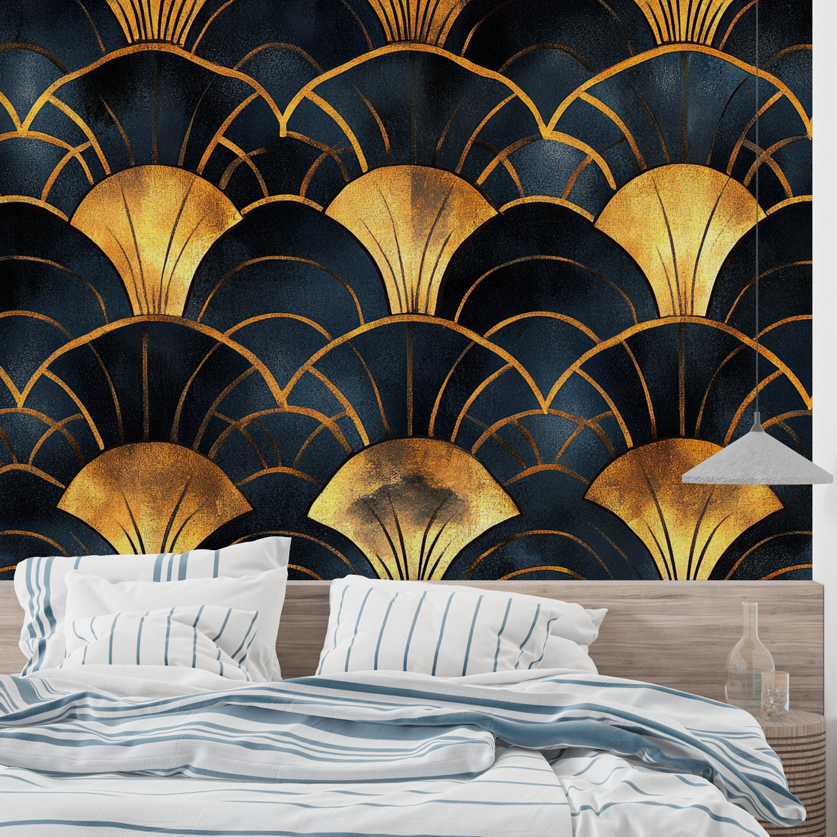 Master bedroom with geometric navy and gold art deco wallpaper creating sophisticated ambiance