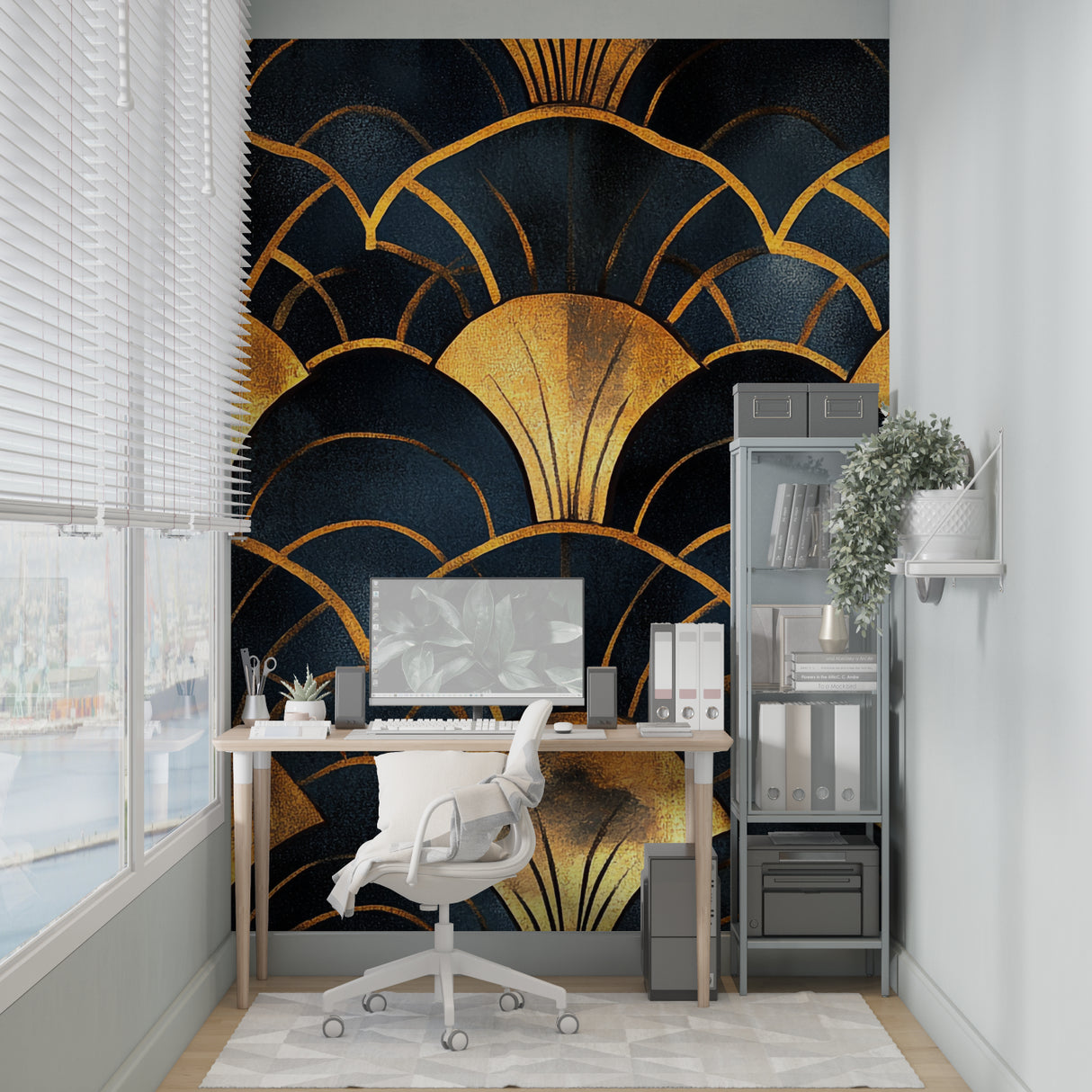 Hotel lobby showcasing art deco fan wallpaper with dramatic lighting effects