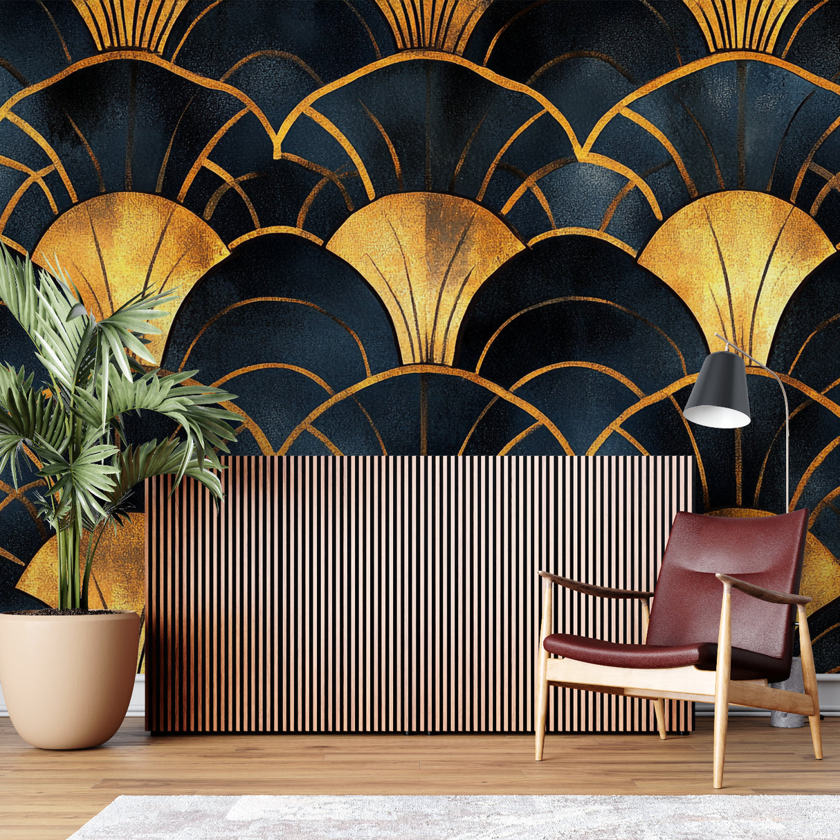 Home office with art deco navy and gold wallpaper making statement wall