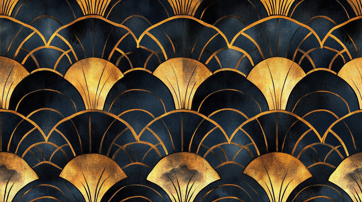 Art deco wallpaper design file showing detailed golden fan pattern on navy background