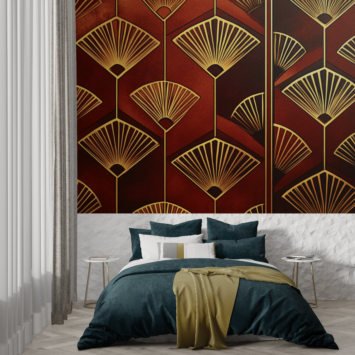 Art deco fan pattern wallpaper in elegant dining room with golden accents and terracotta walls