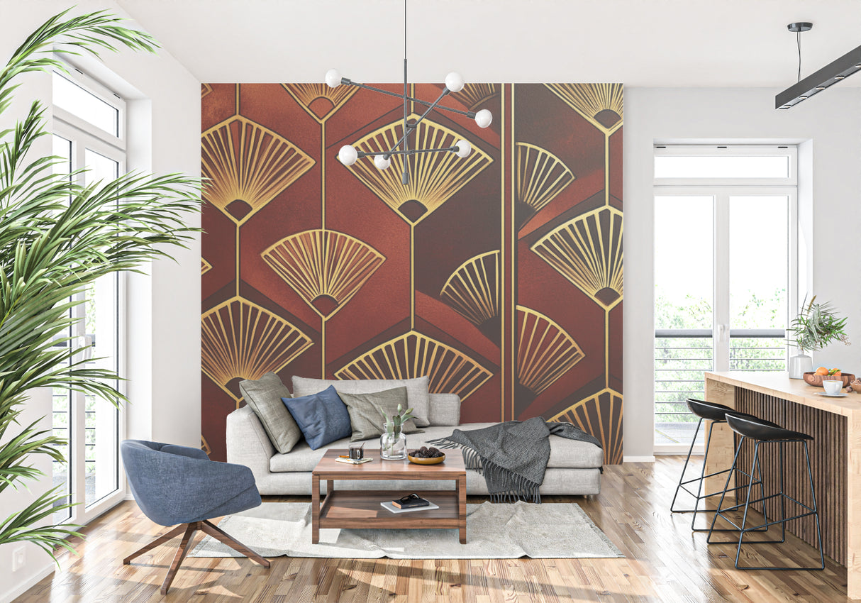 Geometric art deco wallpaper showcased in modern living room with mid-century furniture