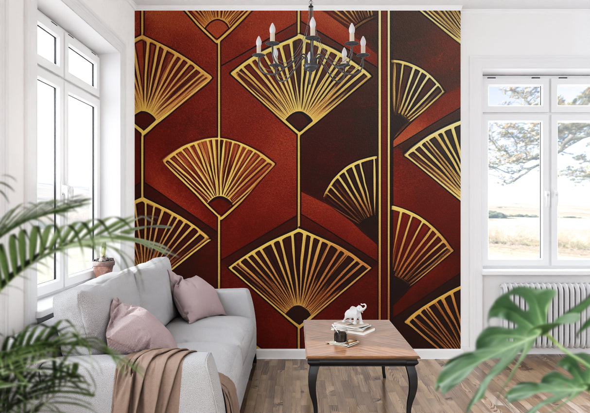 Golden fan wall mural creating luxury hotel lobby atmosphere with warm lighting