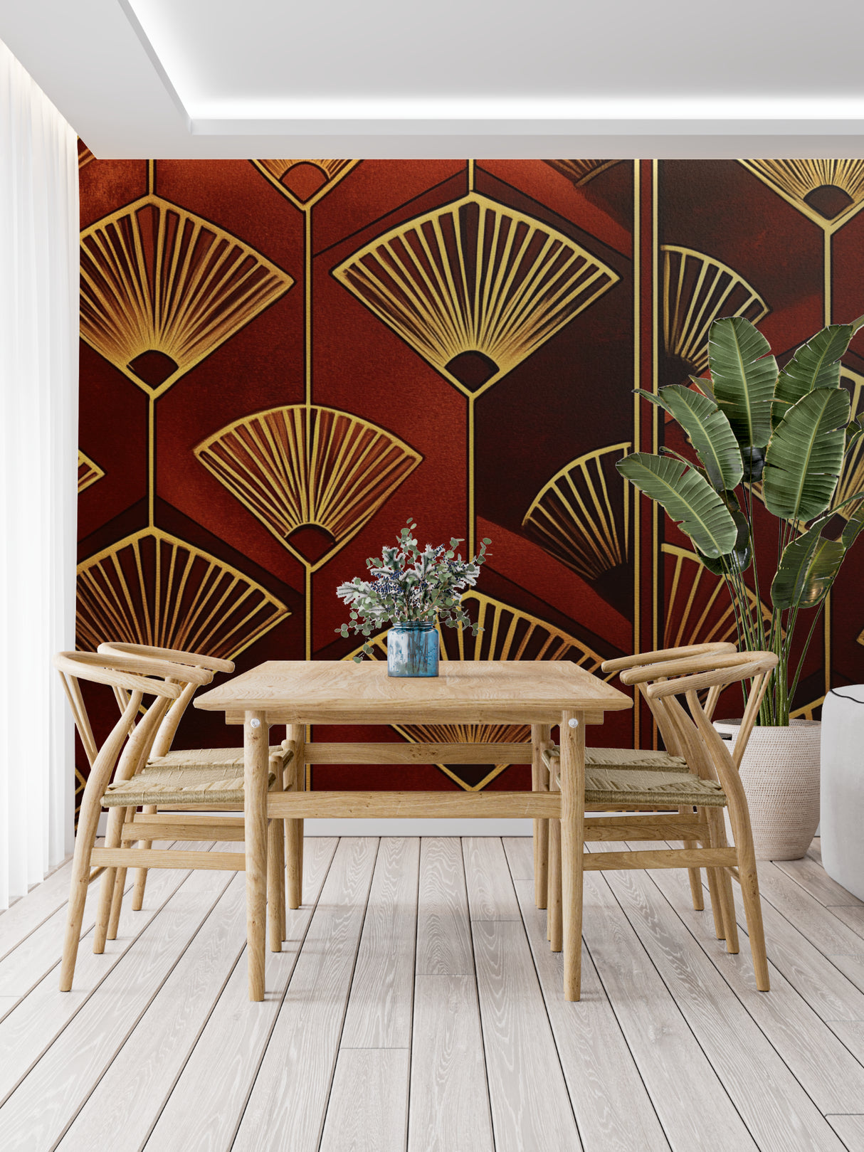 Art deco terracotta wallpaper in cozy master bedroom with brass details