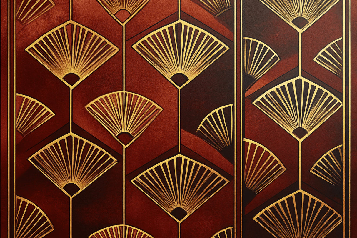 Art deco golden fan pattern design file showing intricate geometric details on terracotta background