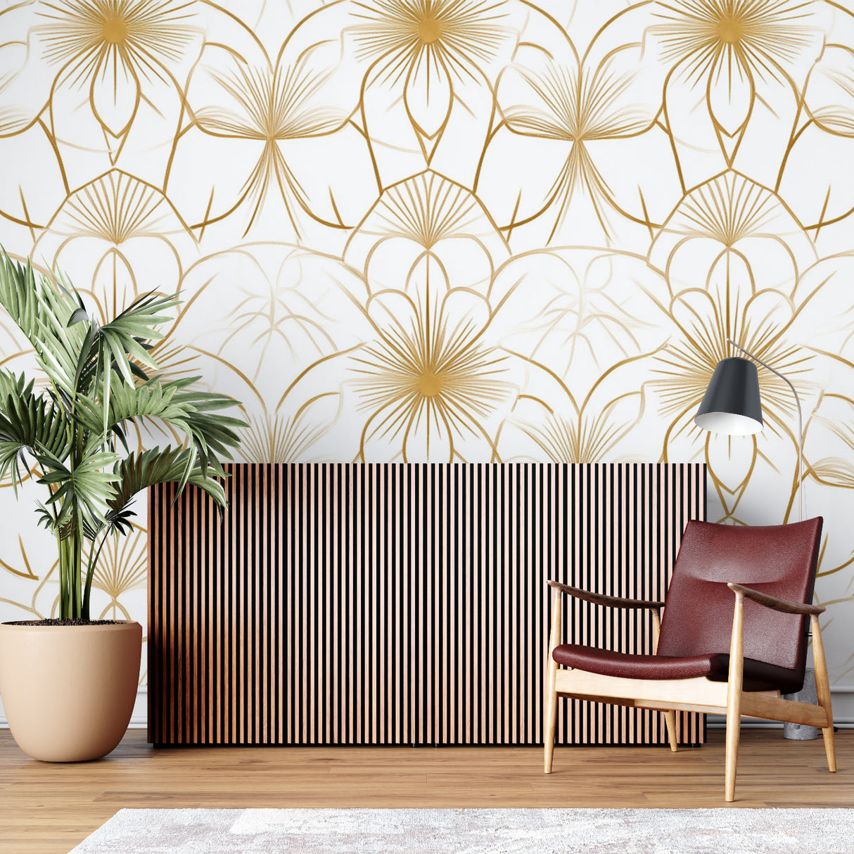 Art Deco golden floral wallpaper bringing elegance to a modern living room with white furniture