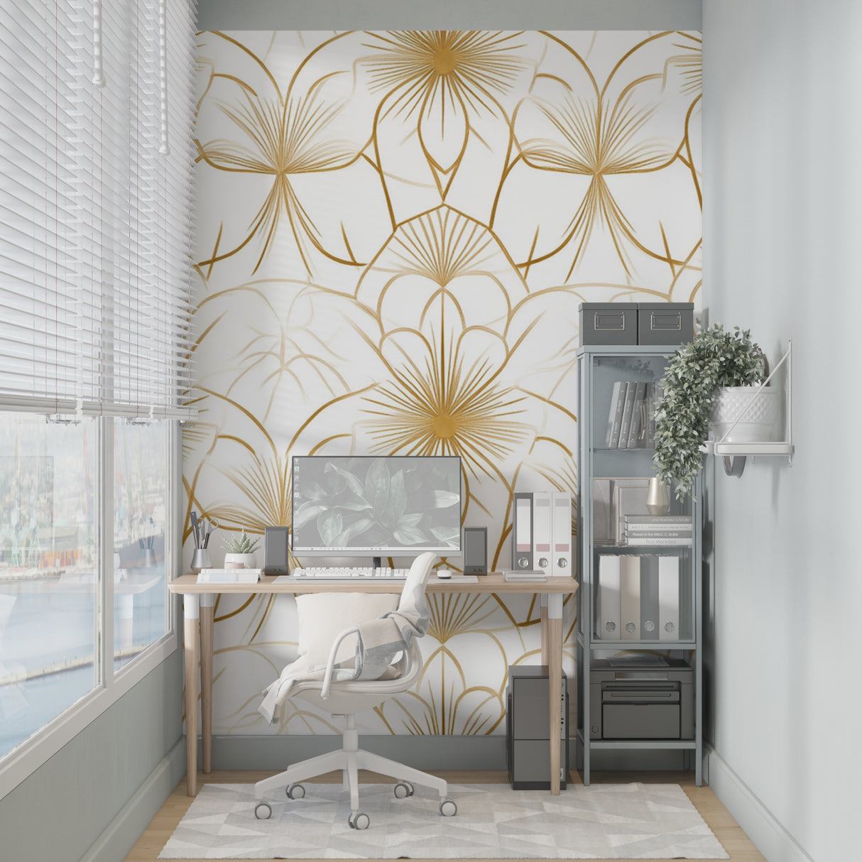 White and gold Art Deco wallpaper creating luxury feel in master bedroom