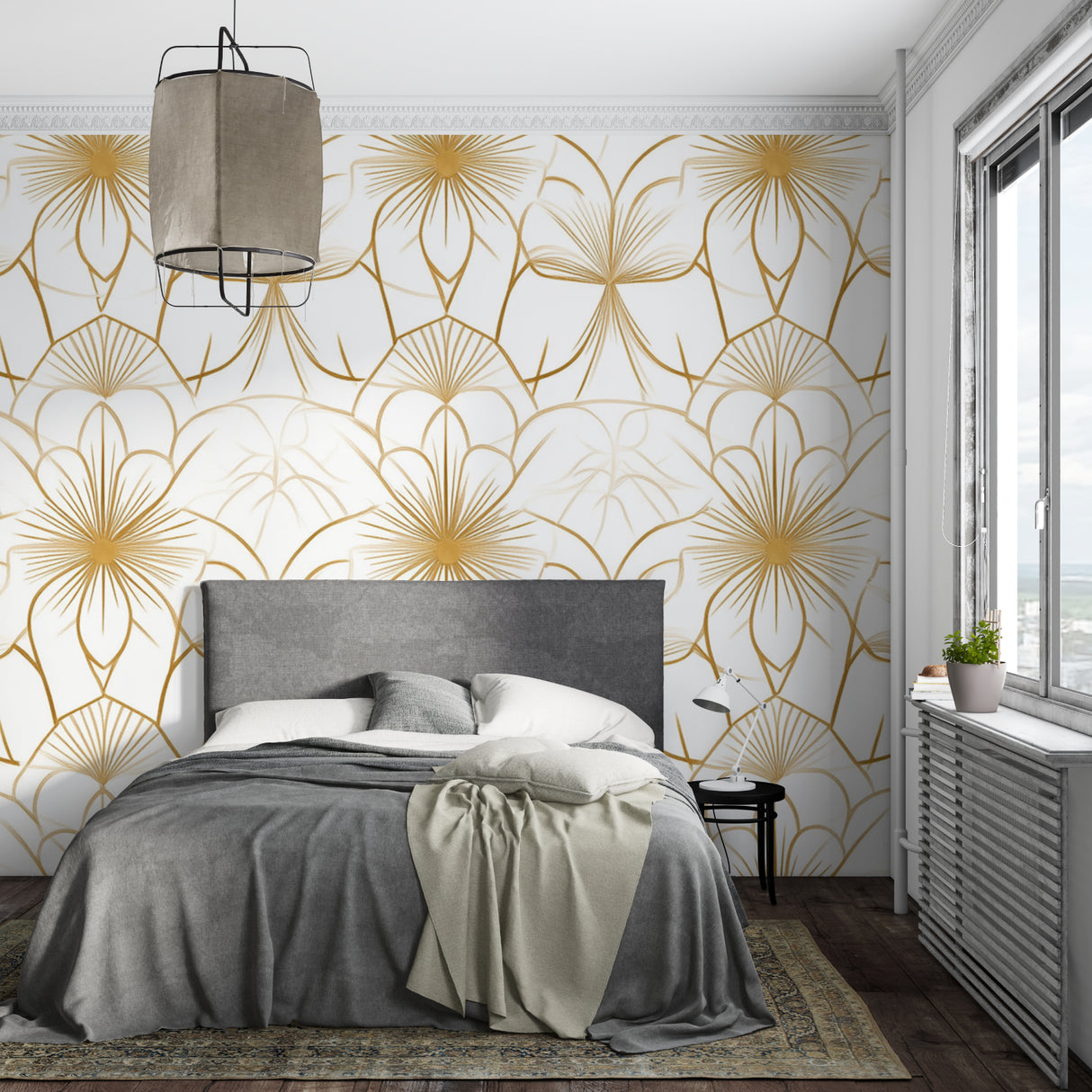 Geometric floral Art Deco wallpaper making statement in dining room