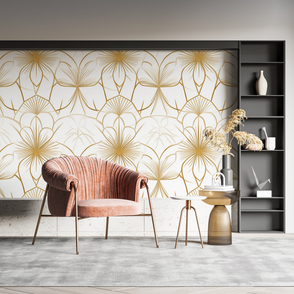 Golden Art Deco pattern wallpaper transforming home office space