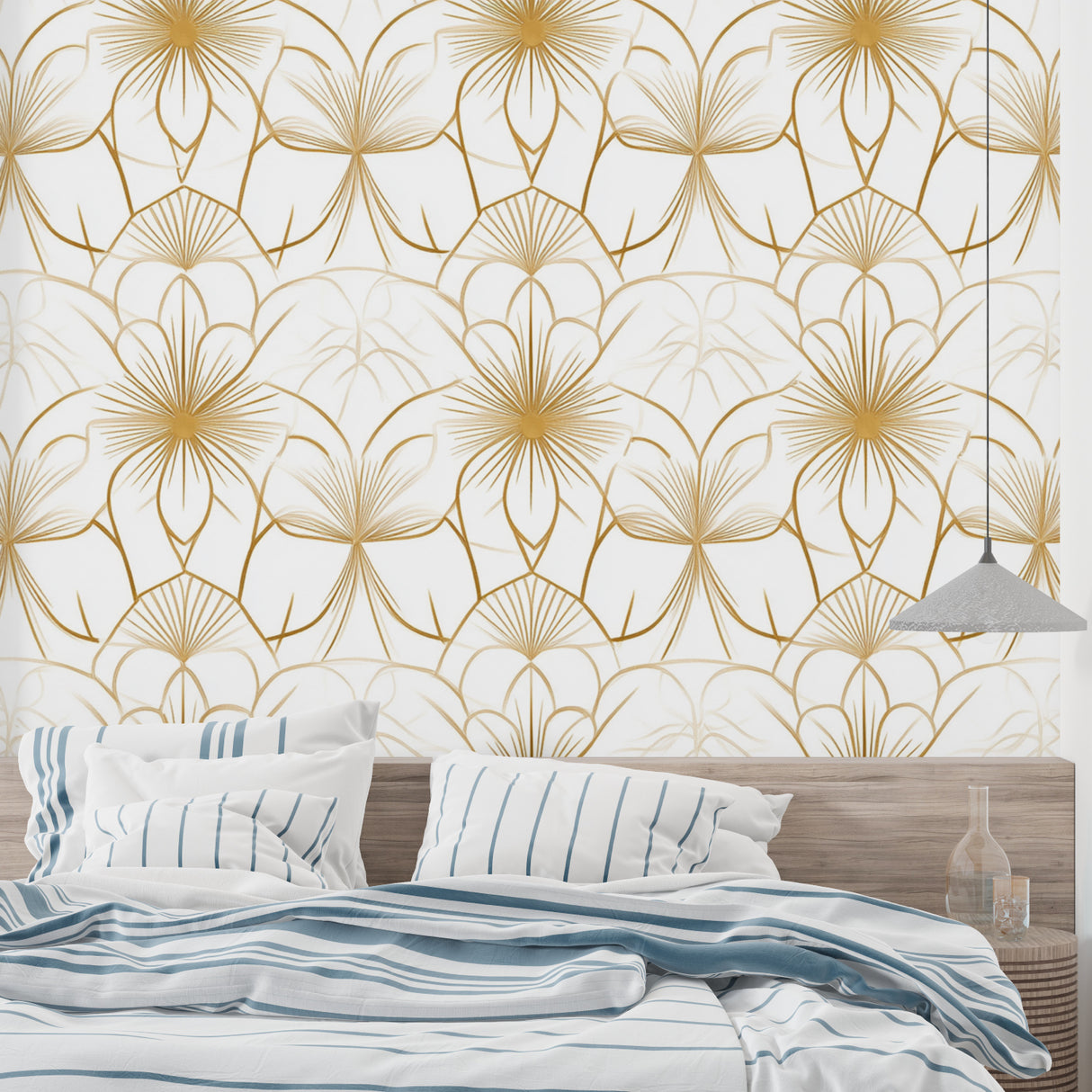 White and gold Art Deco wallpaper adding sophistication to hallway