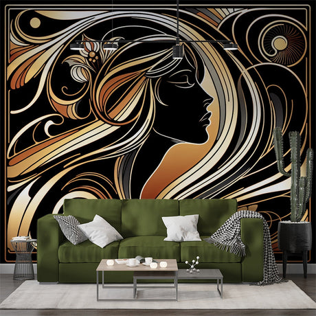 Luxurious Art Deco wallpaper with golden flows creating drama in a modern living room with tall windows and designer furniture