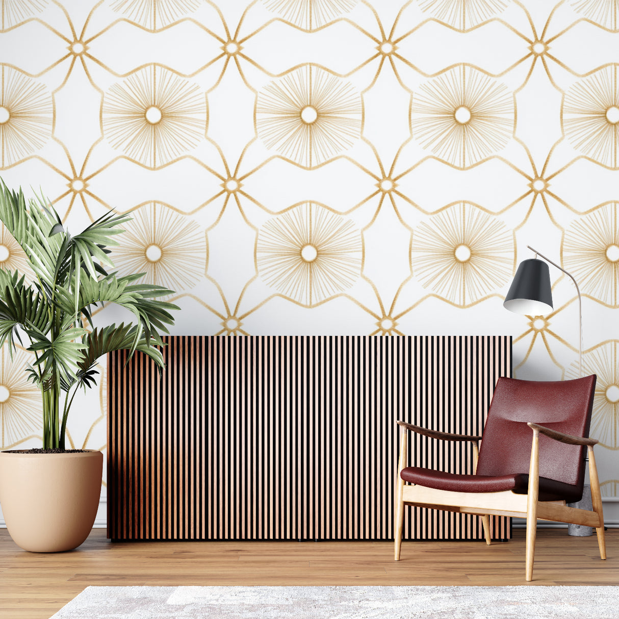 Art deco geometric wallpaper in modern living room showing golden sunburst pattern catching morning light