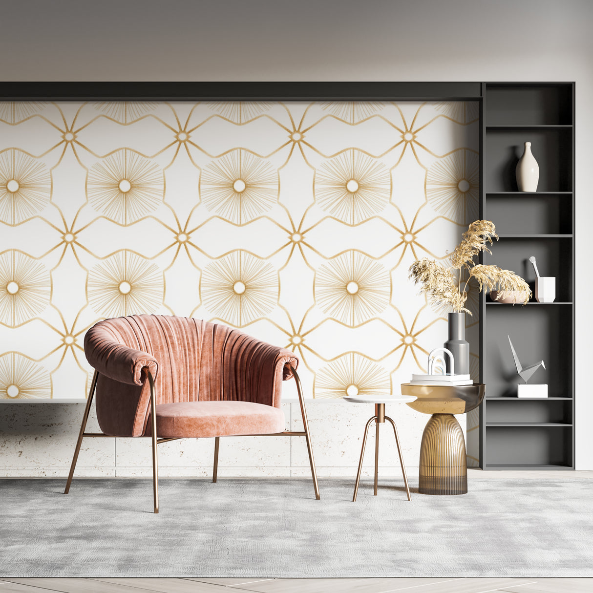 Golden sunburst art deco wallpaper styled in home office with brass accessories
