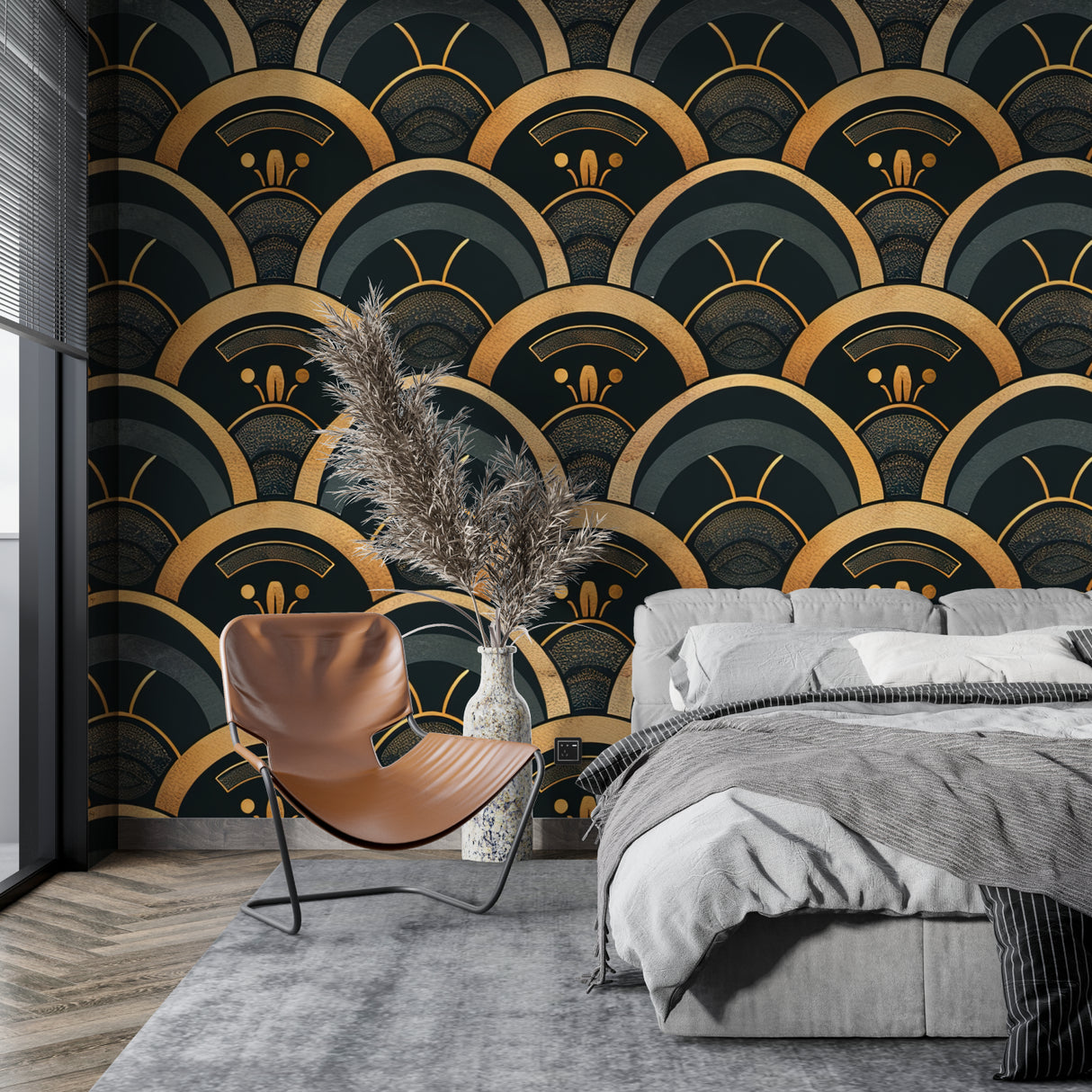 Art deco wallpaper with golden scales in modern dining room with crystal chandelier