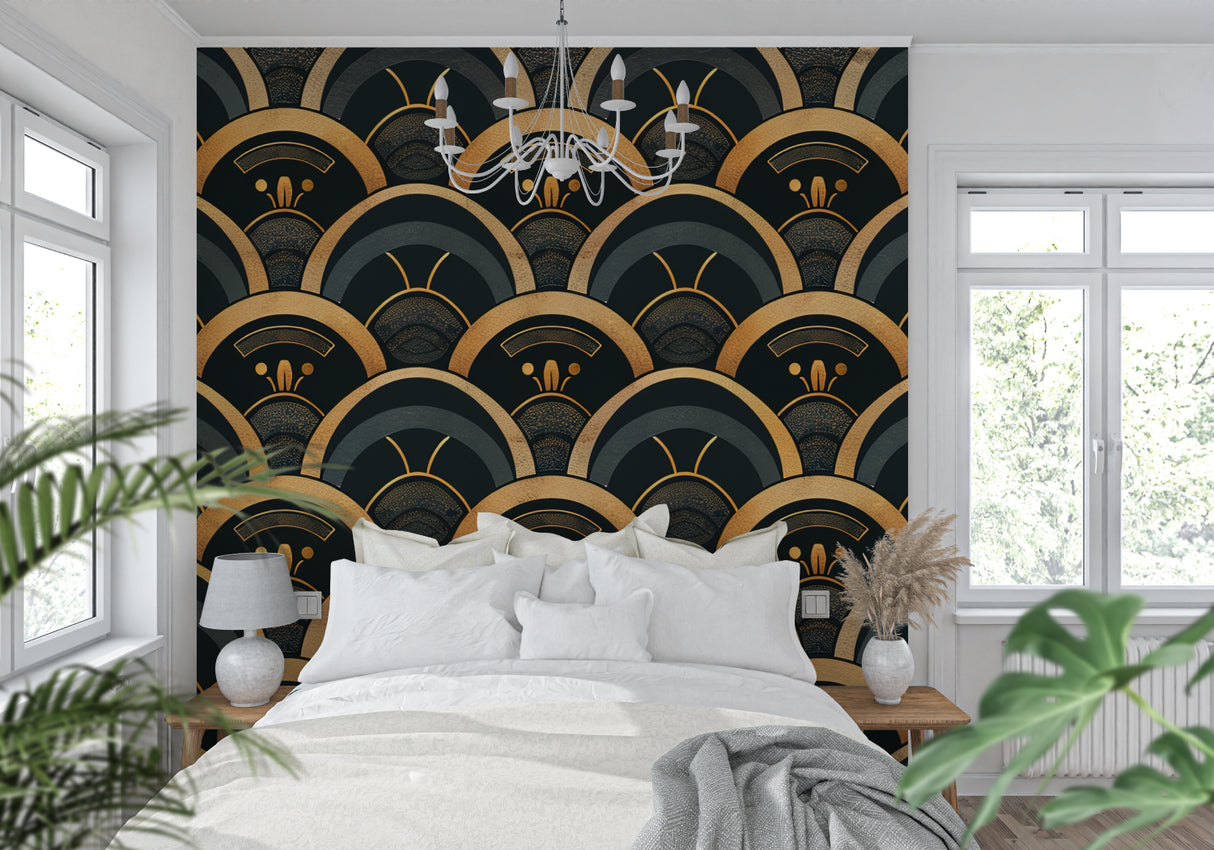Art deco wall mural creating elegant atmosphere in home office