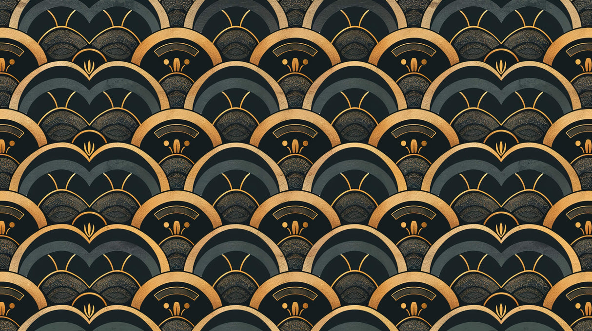 Art deco wallpaper design file showing detailed golden scales pattern on deep green background