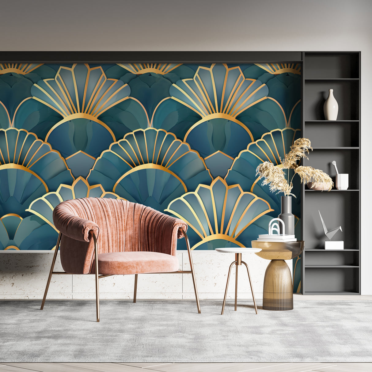 Art deco shell wallpaper in modern living room, golden pattern catching afternoon light