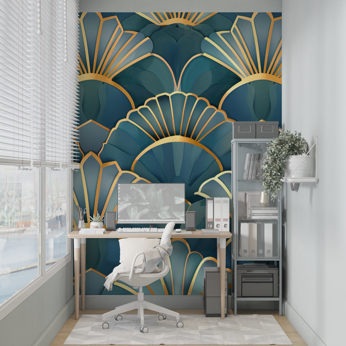 Teal and gold shell wallpaper creating luxury atmosphere in master bedroom