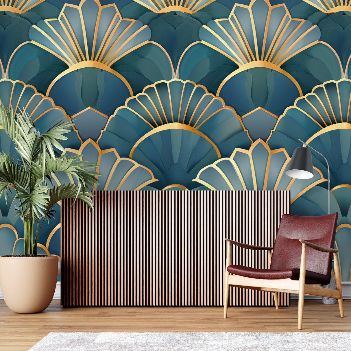 Geometric art deco wallpaper making statement wall in dining room
