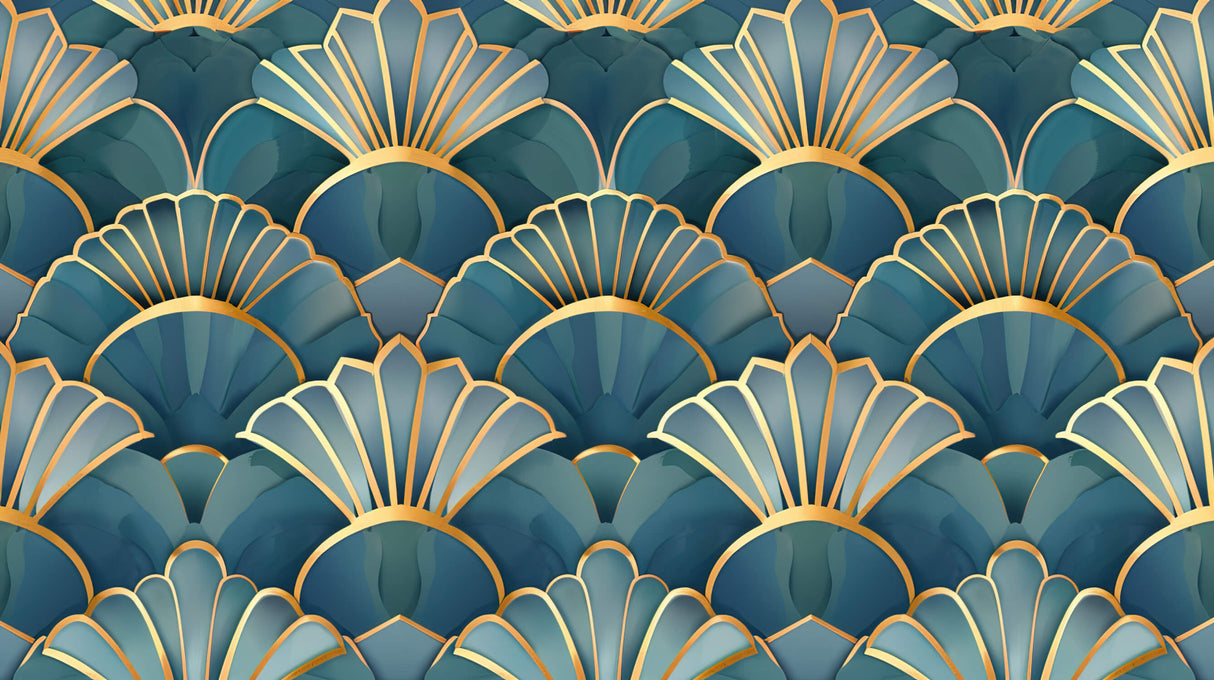Art deco shell pattern design file showing intricate golden details on teal background