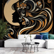 Art Deco black and gold wallpaper creating drama in a modern dining room with crystal chandelier