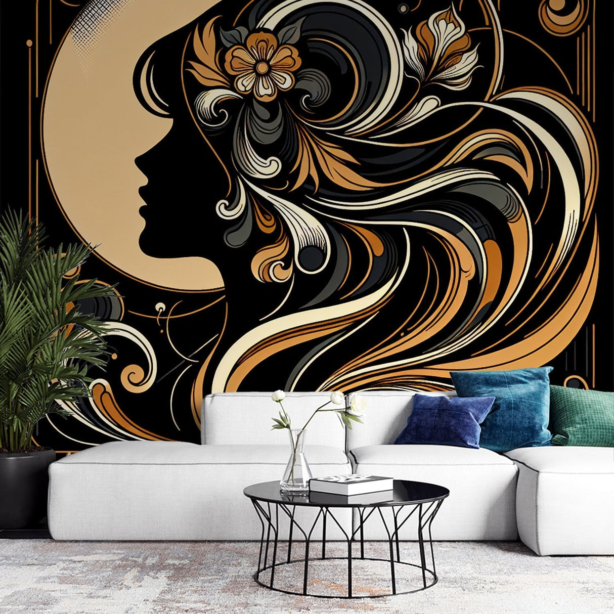 Art Deco black and gold wallpaper creating drama in a modern dining room with crystal chandelier