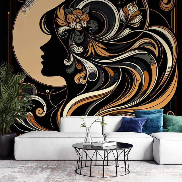 Art Deco black and gold wallpaper creating drama in a modern dining room with crystal chandelier