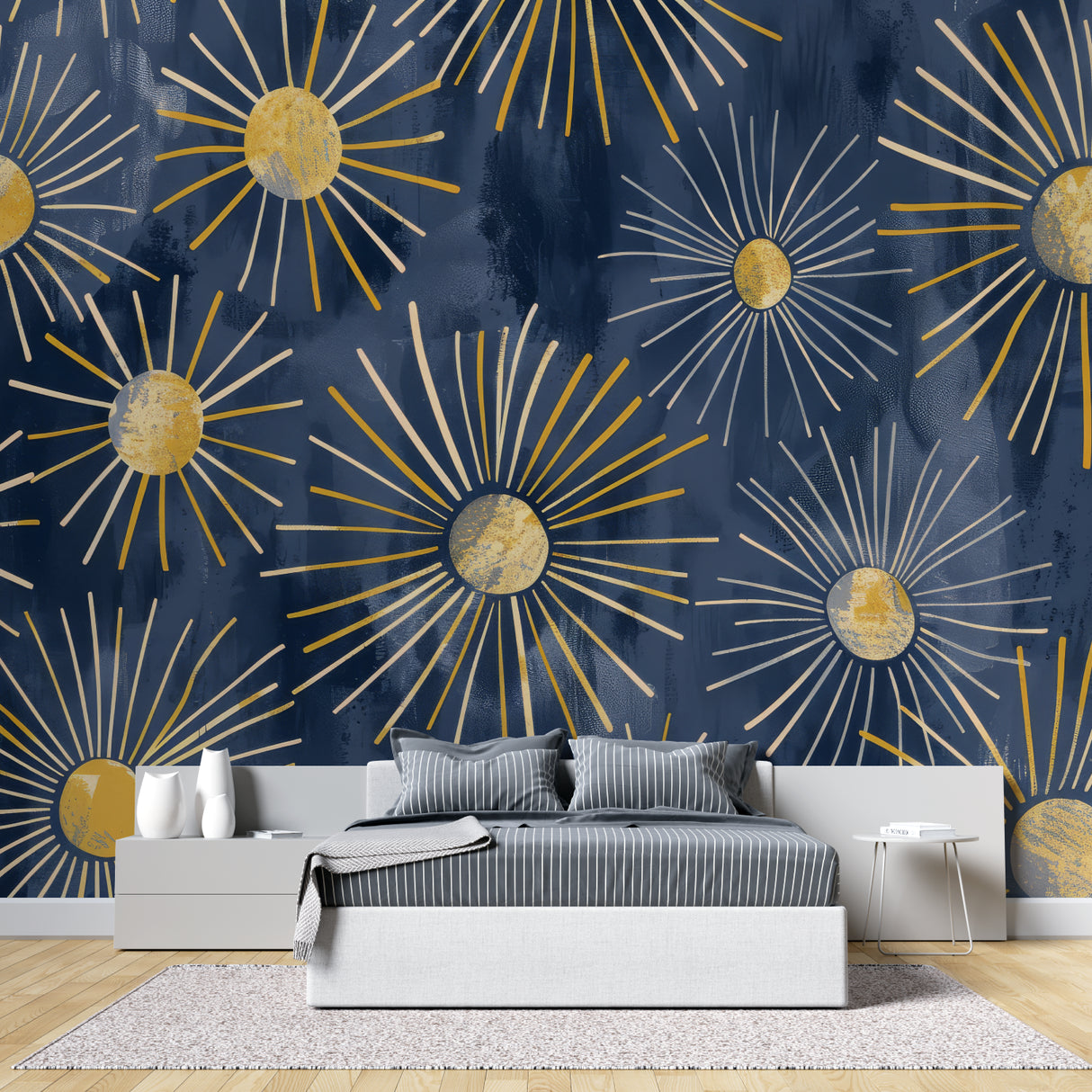 Art deco wallpaper with gold sunbursts creating drama in modern living room with gray sofa