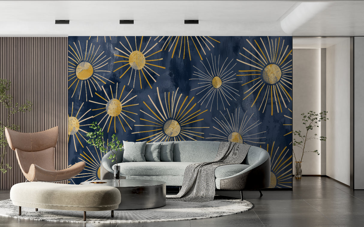 Navy and gold geometric wallpaper adding luxury to master bedroom setting