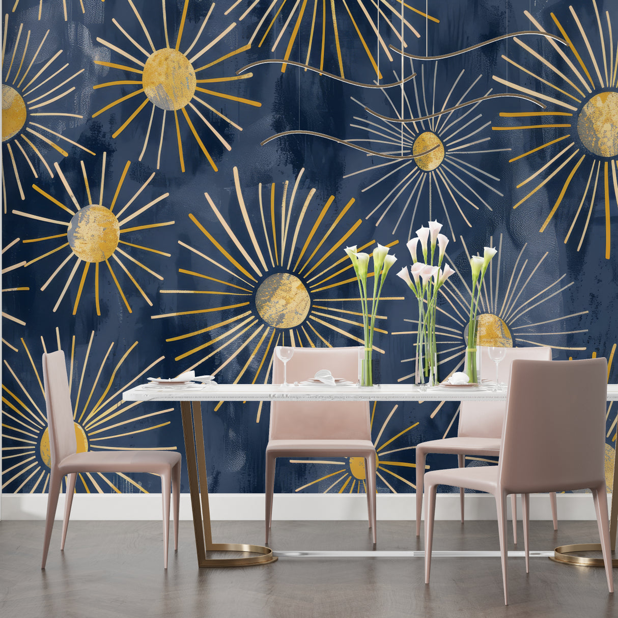 Art deco sunburst pattern making statement wall in dining room