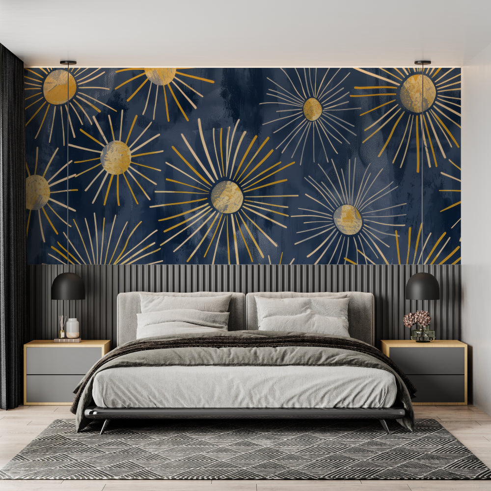 Gold geometric wall mural brightening dark hallway with dramatic effect