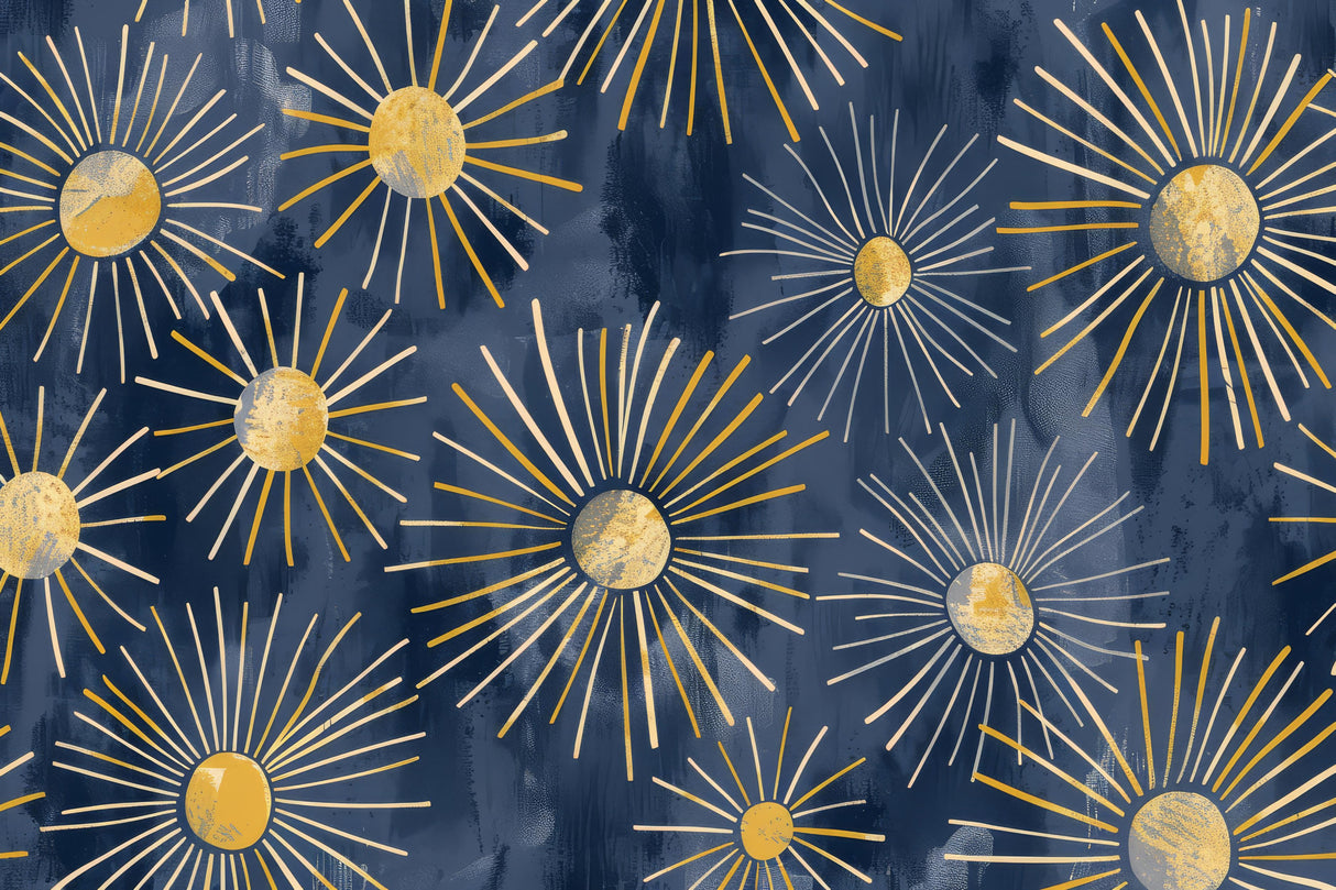 Art deco wallpaper design file showing detailed golden sunburst pattern on navy background