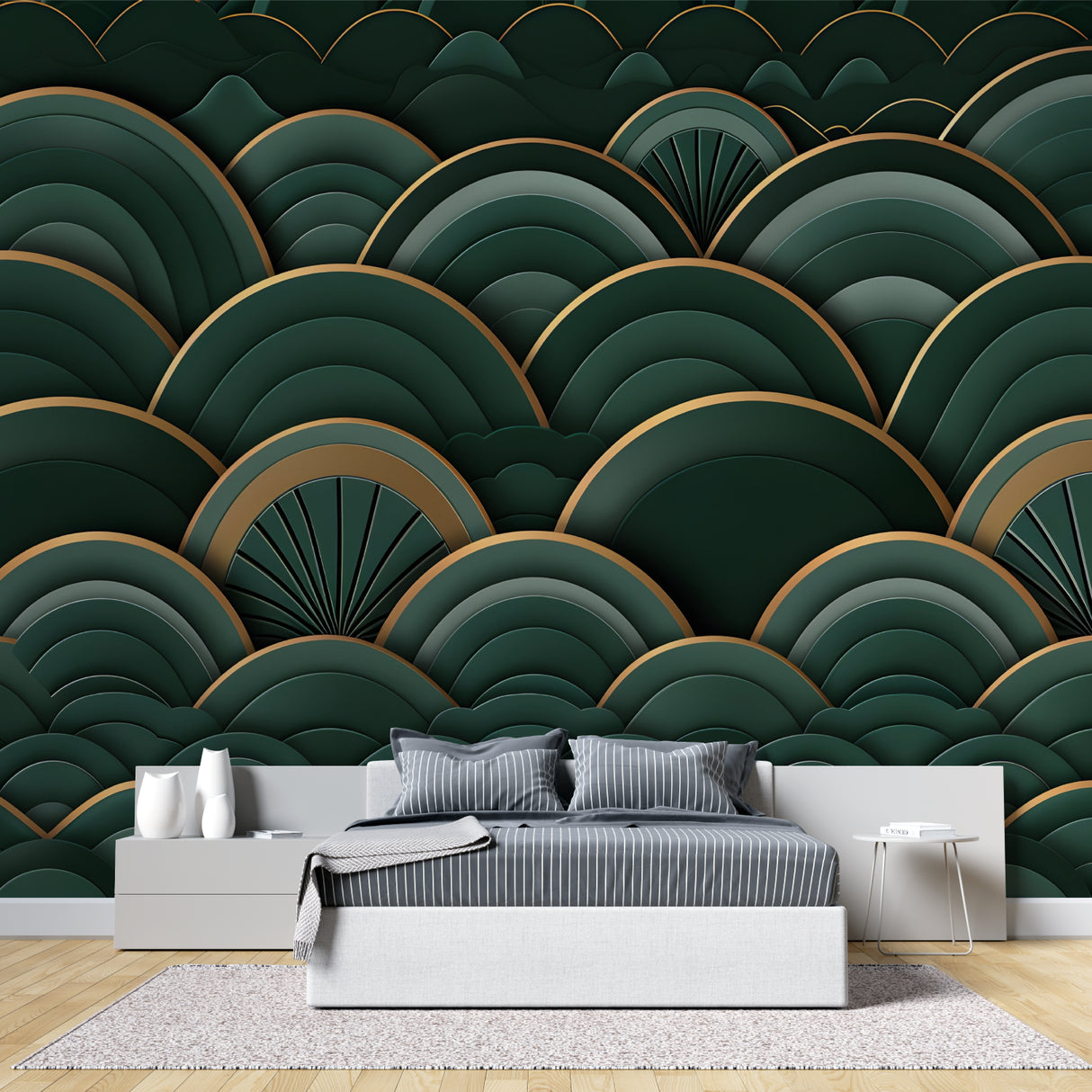 Art deco green and gold wave wallpaper in modern living room with grey sofa and brass accents